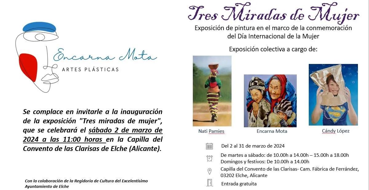 Tres miradas de mujer está escrito sobre un fondo blanco